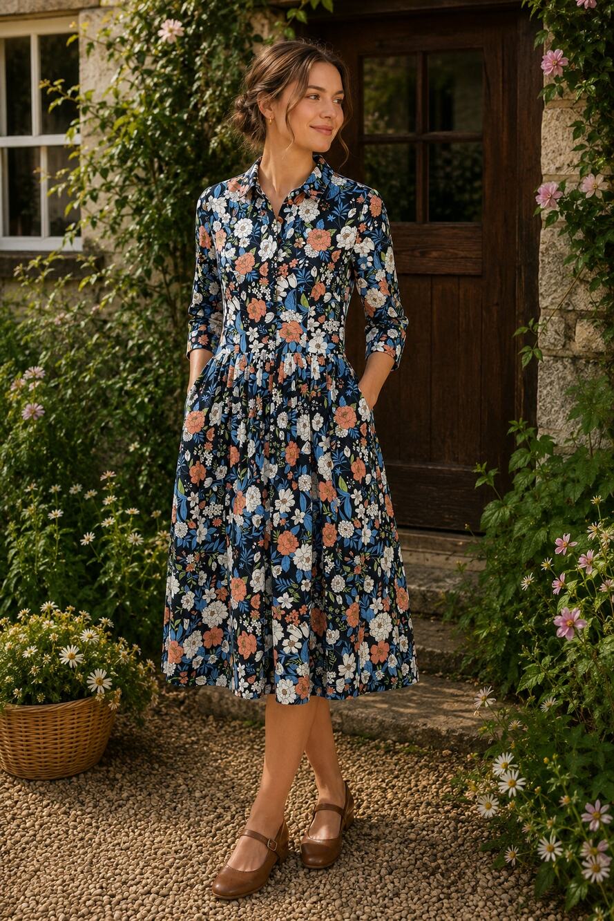 Hearts and Found Vintage Inspired Floral Cottagecore Quarter Sleeve Midi Dress